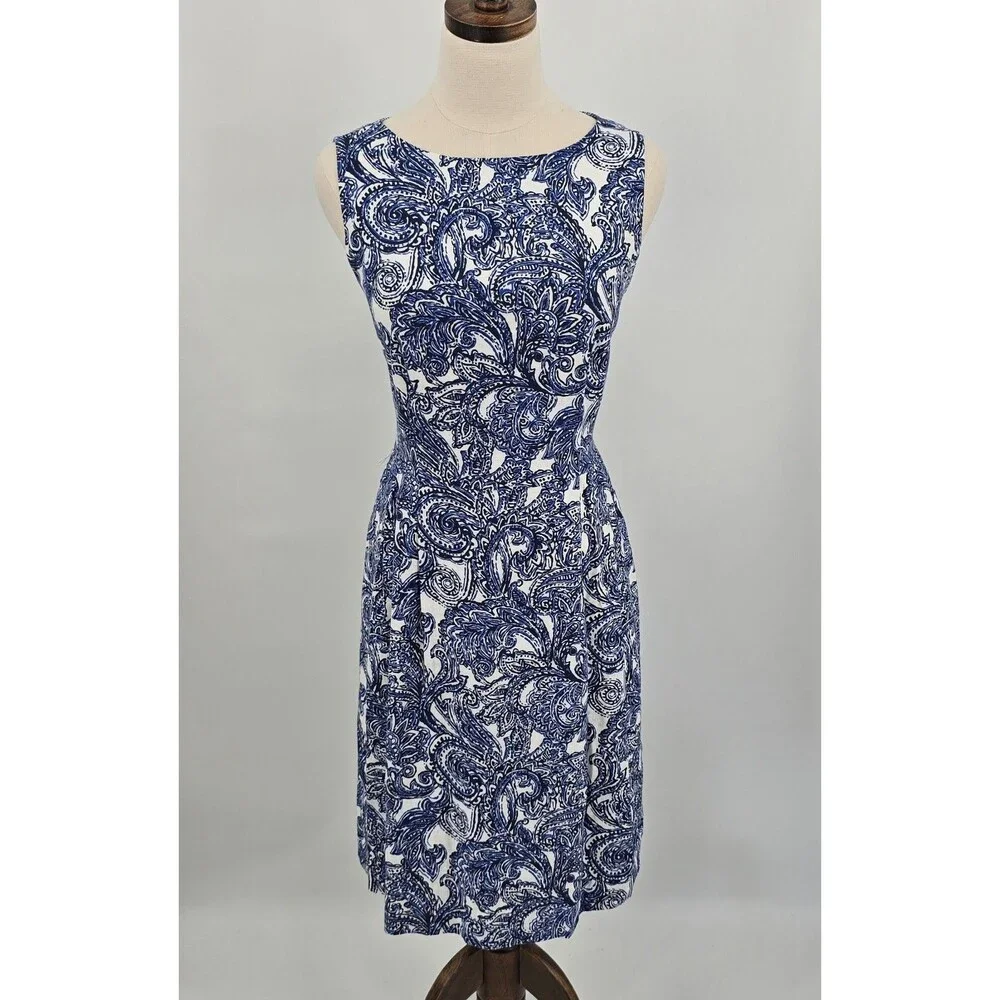 Anne Klein A line Dress Women's 6 White Blue Paisley Print Linen Blend Pockets - Picture 2 of 7